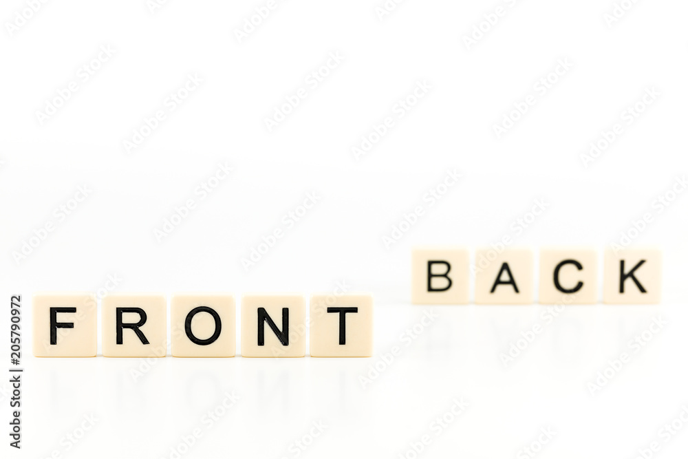 the words FRONT and BACK on plastic boards isolated on white background with copy space the words FRONT and BACK on plastic boards isolated on white background with copy space