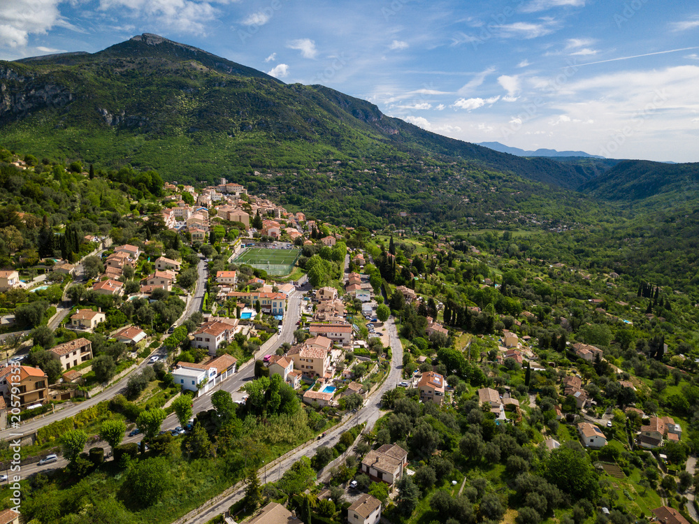 Aerial of town of Le Bar-sur-Loup, France