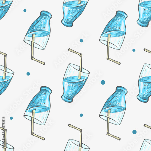 Summer blue Cocktail Refreshing drinkwith straw and dots seamless pattern photo