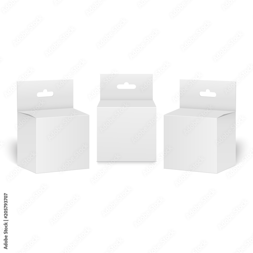 Obraz premium White Product Package Box With Hang Slot. Mock Up. Vector