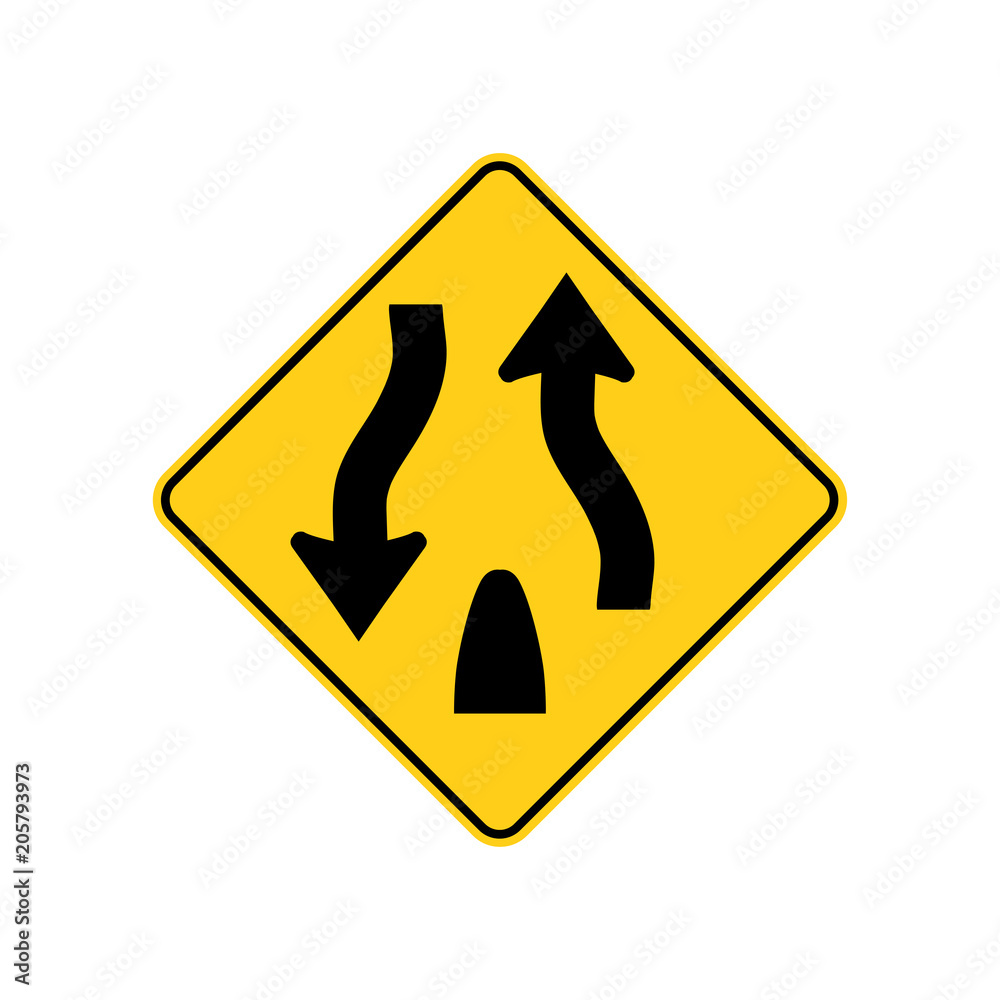 USA traffic road sign. warning of divided hightway begins ahead. vector illustration USA traffic road sign. warning of divided hightway begins ahead. vector illustration