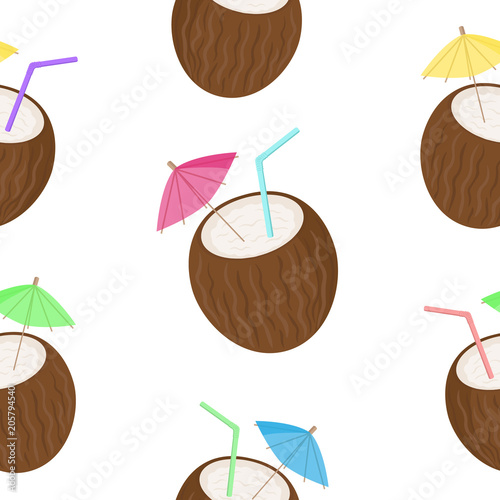 Vector image of cocktails in the form of coconut with colorful tubules and umbrellas. Seamless pattern on a light background. Summer illustration.
