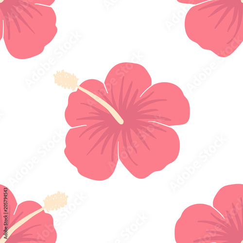 Vector image of pink hibiscus flowers. Seamless pattern on a light background. Summer tropical illustration.