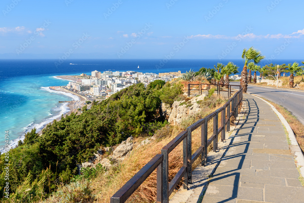 Coastal promenade with view of Rhodes town. Greece