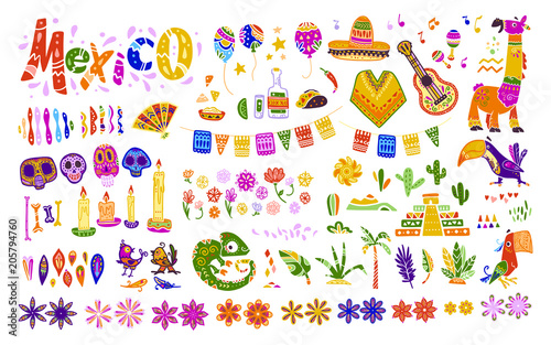 Big vector set of mexico elements, symbols & animals in flat hand drawn style isolated on white background. Icons for fiesta, celebrations, national patterns & decorations, traditional food, colors.