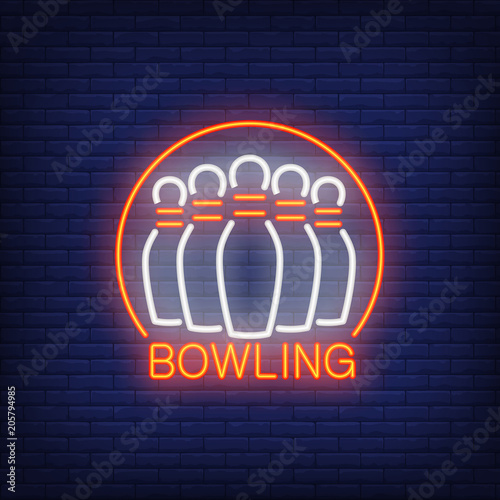 Bowling neon sign with skittles and round frame. Night bright advertisement. Vector illustration for bowling club, sport bar