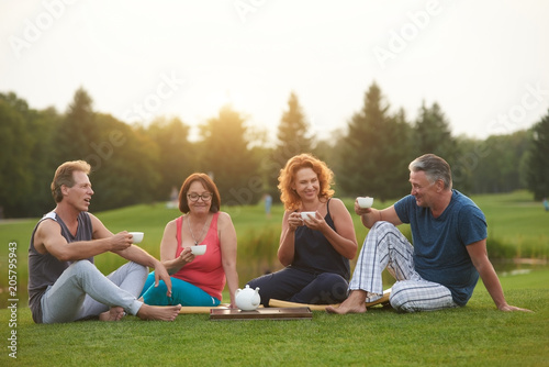 Mature people having tea coversation. Resting outdoor in the summer park. photo