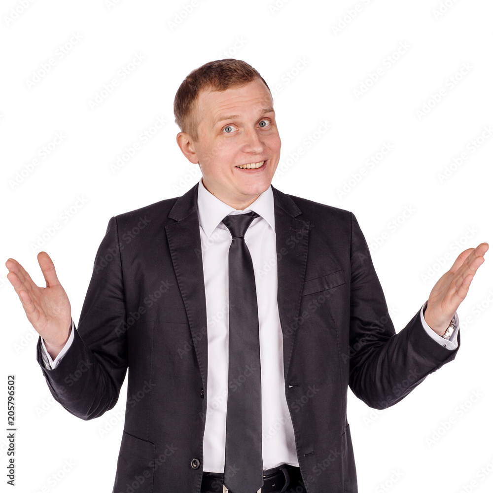 man holding two hands in front of him and shows the size on white isolated background in studio. man holding two hands in front of him and shows the size on white isolated background in studio.