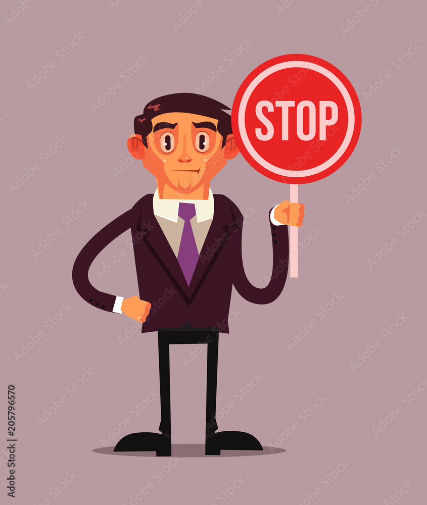 Man character in business suit holding stop red sigh. Concept isolated flat cartoon graphic design illustration