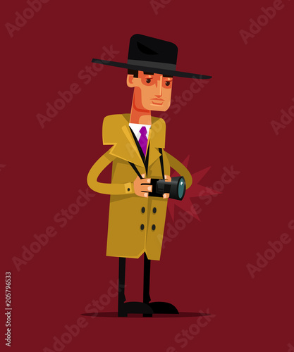 Private detective character holding camera and take photo. Privacy life concept isolated flat cartoon graphic design illustration