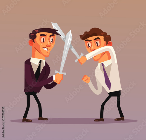 Two businessman office worker characters fighting with swords. Business competitions rivalry battle concept isolated flat cartoon graphic design illustration
