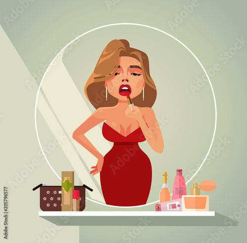 Beautiful woman doing make up dye lips in mirror reflection. Beauty concept isolated flat cartoon graphic design illustration