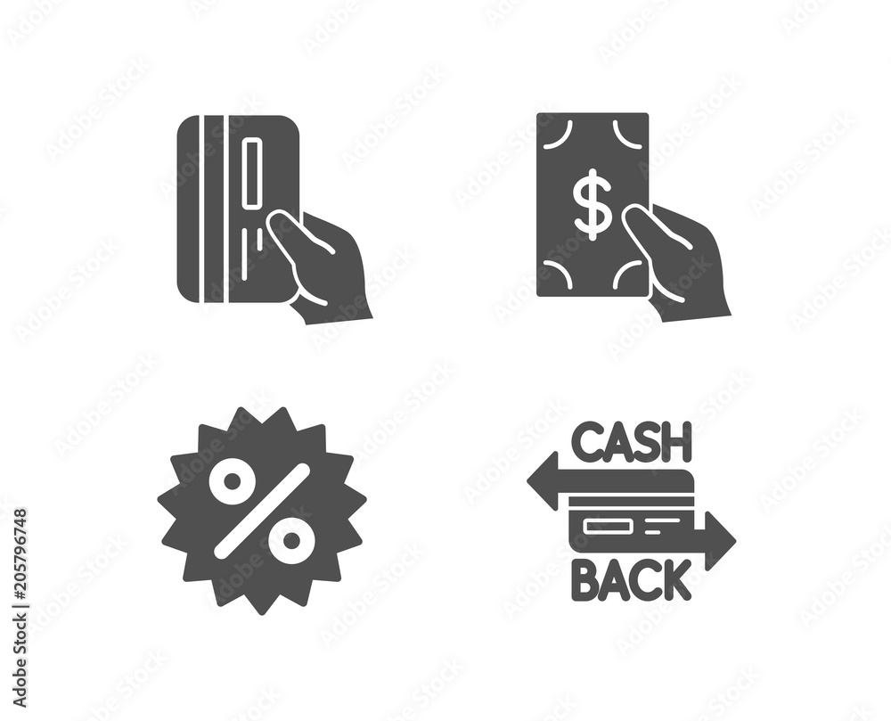 Set of Receive money, Discount and Payment card icons. Cashback card sign. Cash payment, Special offer.  Quality design elements. Classic style. Vector