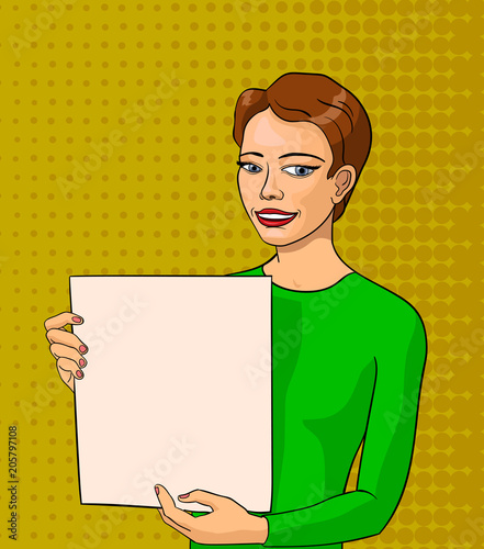 gril with banner, pop art illustration
