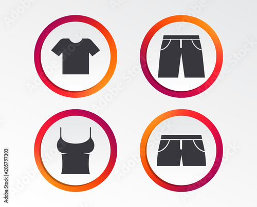 Clothes icons. T-shirt and pants with shorts signs. Swimming trunks symbol. Infographic design buttons. Circle templates. Vector