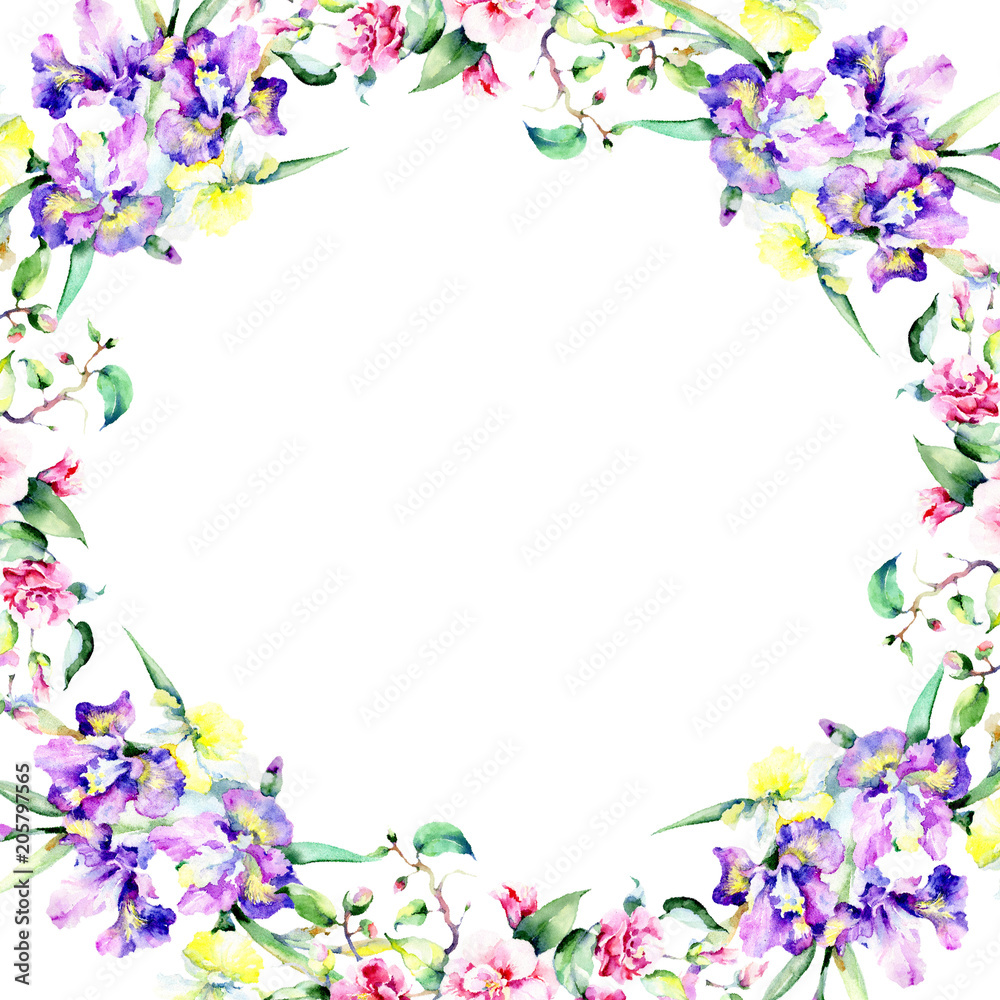 Colorful bouquet. Frame border ornament square. Fabric wallpaper print texture. Aquarelle wildflower for background, texture, wrapper pattern, frame or border.