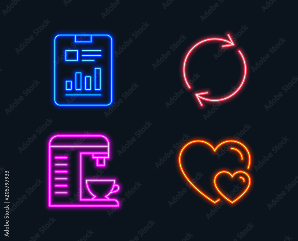 Neon lights. Set of Coffee machine, Full rotation and Report document icons. Hearts sign. Cappuccino machine, Refresh or reload, Page with charts. Romantic relationships. Glowing graphic designs Neon lights. Set of Coffee machine, Full rotation and Report document icons. Hearts sign. Cappuccino machine, Refresh or reload, Page with charts. Romantic relationships. Glowing graphic designs