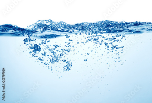 blue water with splashes and air bubbles on white background