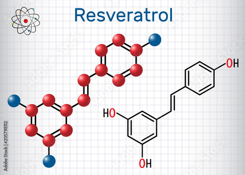 Resveratrol molecule. It is natural phenol, phytoalexin, antioxidant. Structural chemical formula and molecule model. Sheet of paper in a cage