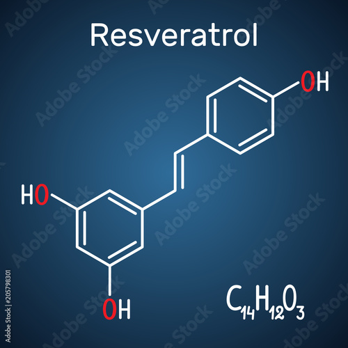Resveratrol molecule. It is natural phenol, phytoalexin, antioxidant. Structural chemical formula and molecule model on the dark blue background