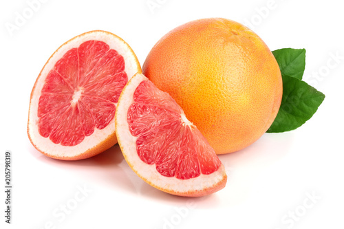 grapefruit and slice with leaves isolated on white background