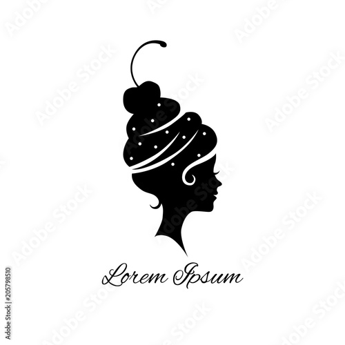 A cute girl and cupcake from her hear wich cherry on the top. Vector logo illustration on the white background
