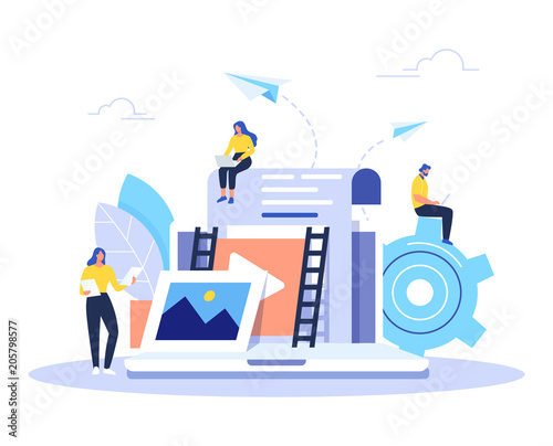 Engaging content, blogging, media planning, promotion in social network flat vector concept.