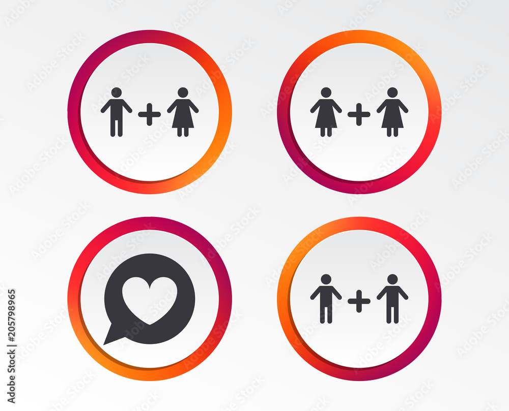 Couple love icon. Lesbian and Gay lovers signs. Romantic homosexual relationships. Speech bubble with heart symbol. Infographic design buttons. Circle templates. Vector