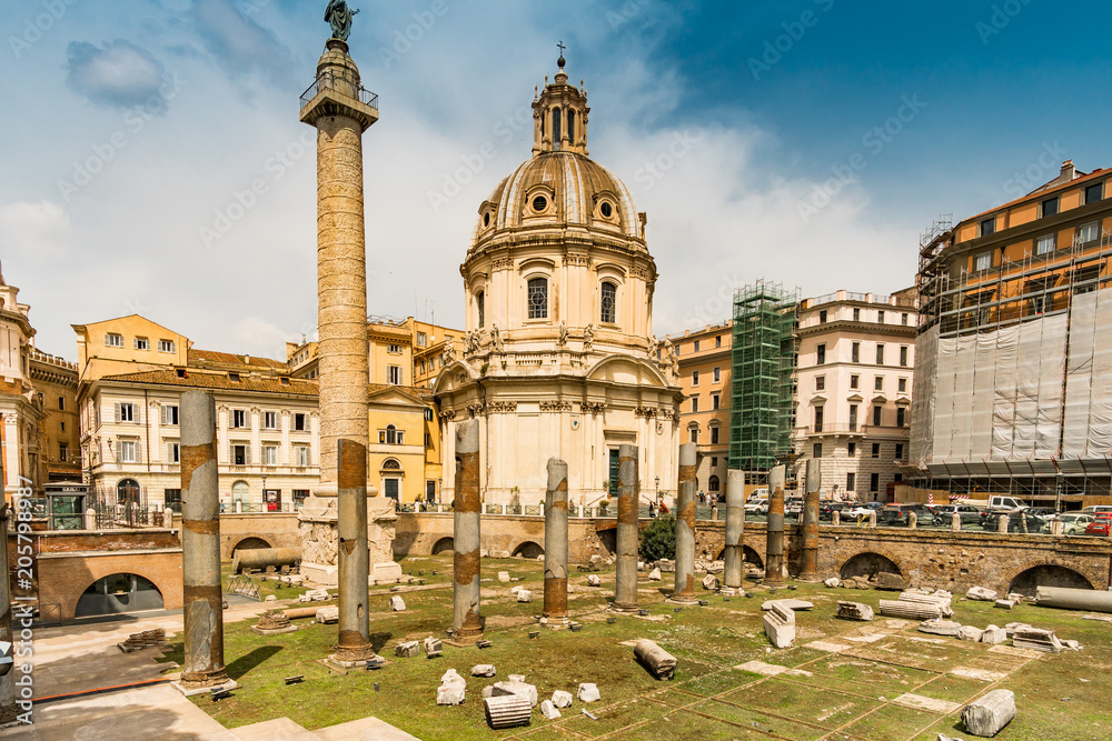 Wiev to Church of the Most Holy Name of Mary at the Trajan Forum and Trajan's Column in the near of Piazza Venezia in Rome. Italy capital landmarks
