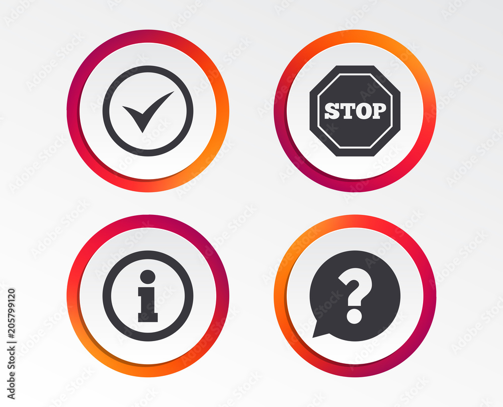 Information icons. Stop prohibition and question FAQ mark speech bubble signs. Approved check mark symbol. Infographic design buttons. Circle templates. Vector Information icons. Stop prohibition and question FAQ mark speech bubble signs. Approved check mark symbol. Infographic design buttons. Circle templates. Vector