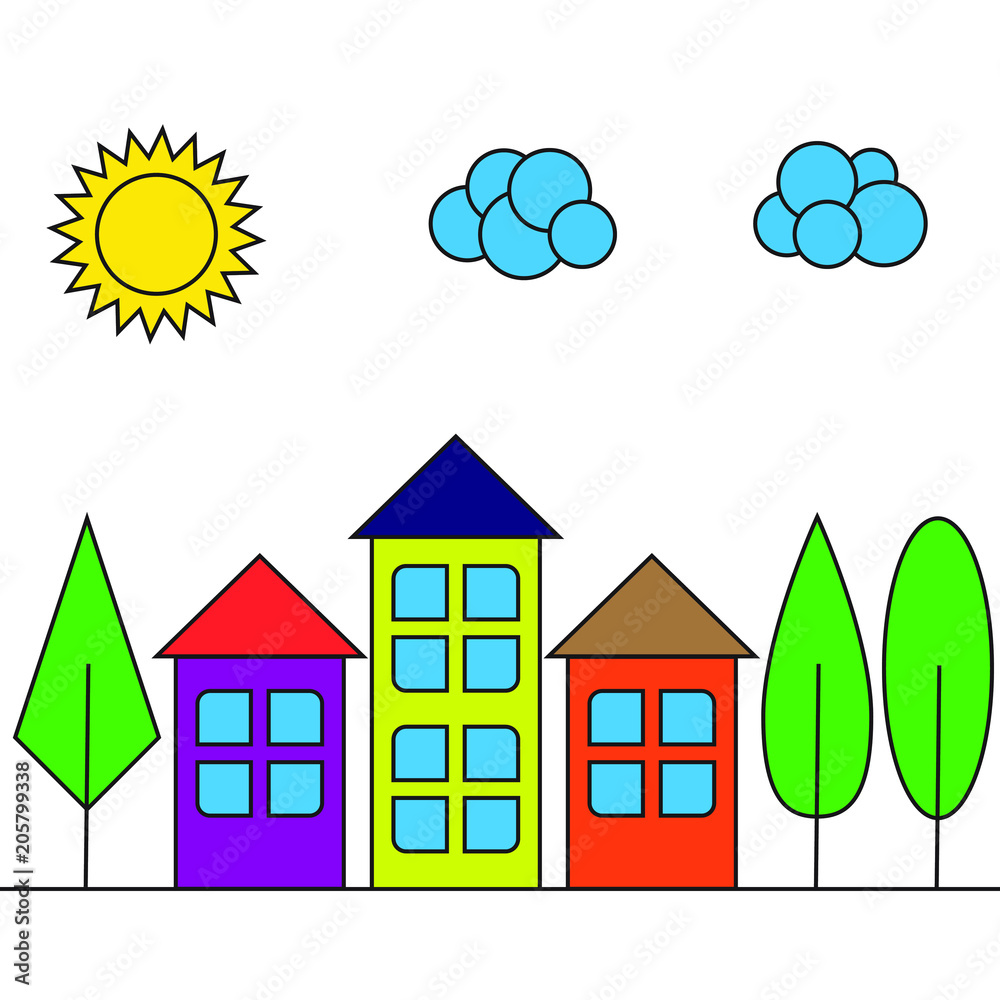 City street in a flat style: houses, trees, clouds and sun. Vector downtown, village. Real Estate Concept.