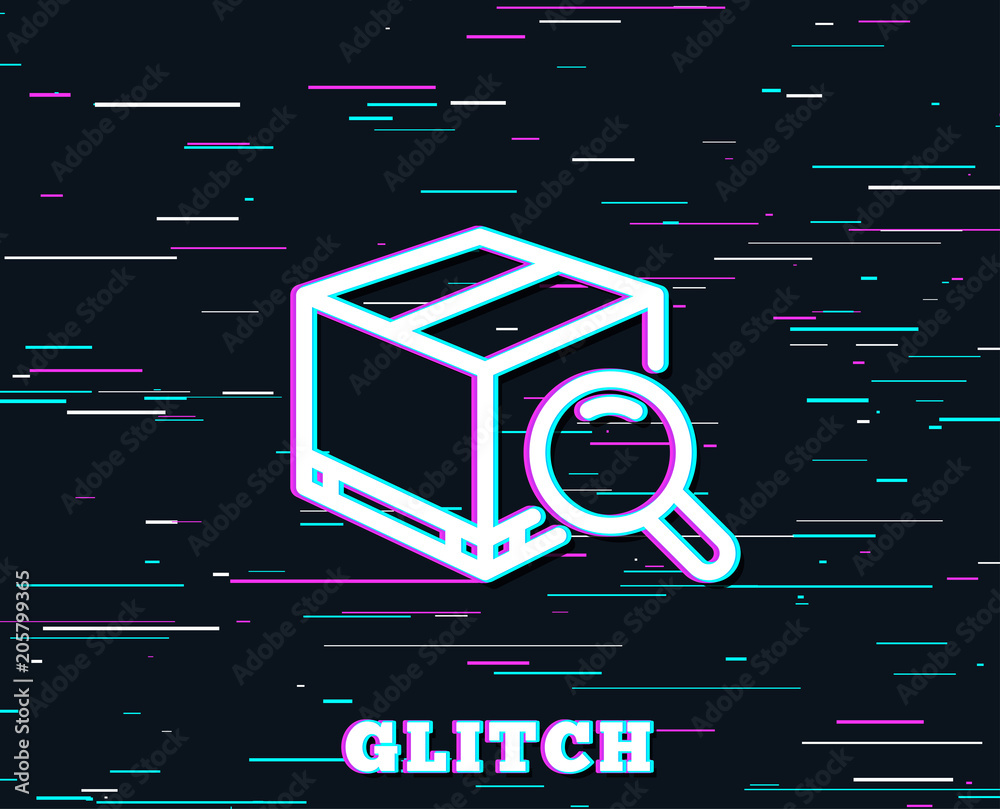 Glitch effect. Search package line icon. Delivery box sign. Parcel tracking symbol. Background with colored lines. Vector