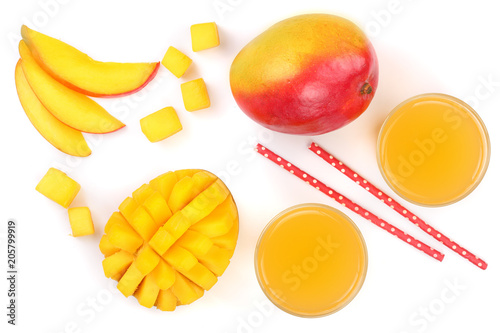 Mango juice and fruit isolated on white background close-up. Top view. Flat lay