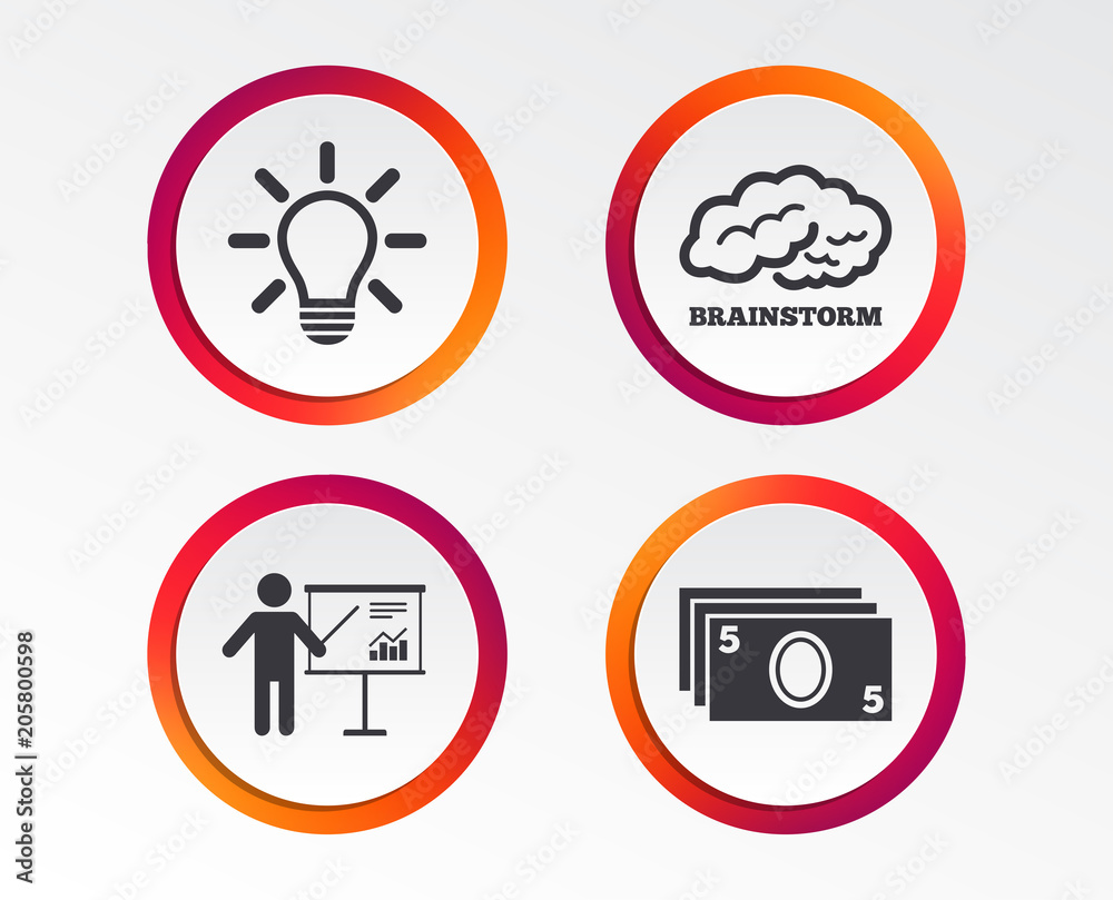 Presentation billboard, brainstorm icons. Cash money and lamp idea signs. Man standing with pointer. Scheme and Diagram symbol. Infographic design buttons. Circle templates. Vector Presentation billboard, brainstorm icons. Cash money and lamp idea signs. Man standing with pointer. Scheme and Diagram symbol. Infographic design buttons. Circle templates. Vector