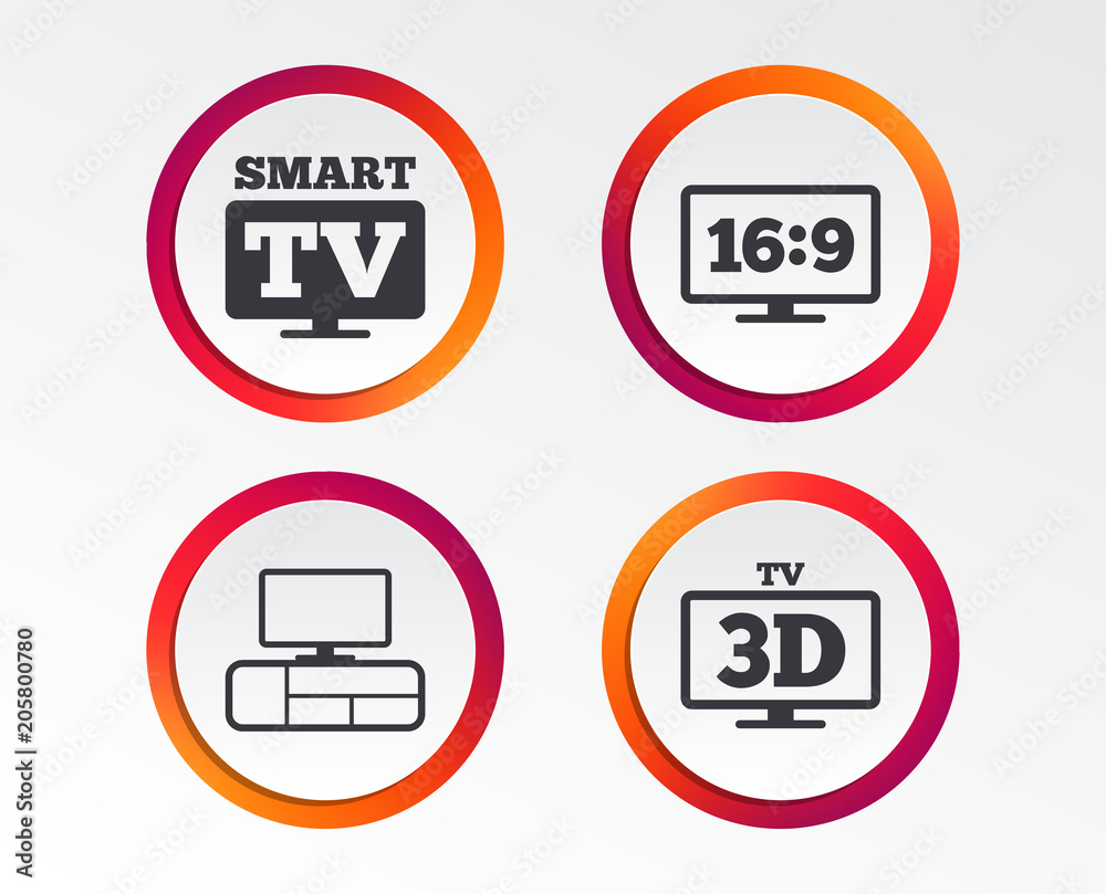 Smart TV mode icon. Aspect ratio 16:9 widescreen symbol. 3D Television and TV table signs. Infographic design buttons. Circle templates. Vector Smart TV mode icon. Aspect ratio 16:9 widescreen symbol. 3D Television and TV table signs. Infographic design buttons. Circle templates. Vector