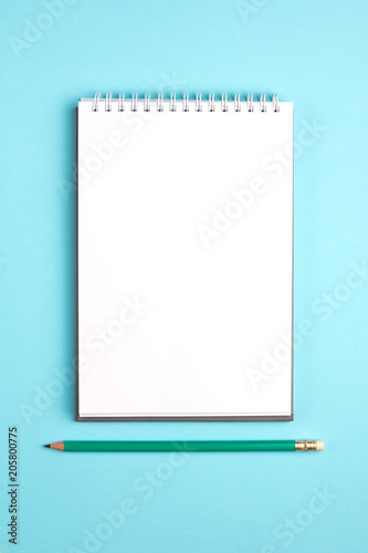 Blank notebook with pencil on blue pastel background. Flat lay concept. Vertical view