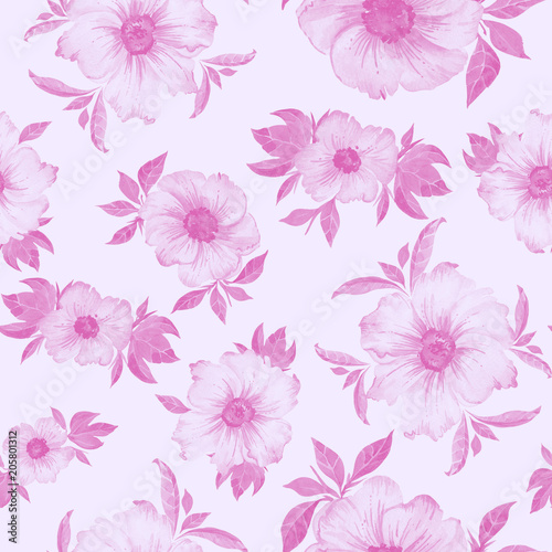 Beautiful semitransparent pink flowers with leaves on light pink background. Seamless floral pattern. Hand drawn illustration.