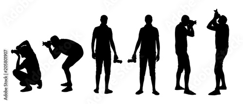 Vector set of male photographer holding camera and taking pictures.