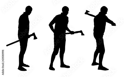 Vector silhouettes set of lumberjack holding and swinging with axe.