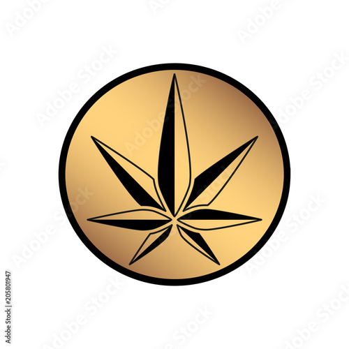 Cannabis gold silhouette logo. Hemp of emblem. Ganja symbol. Green manufacturing.