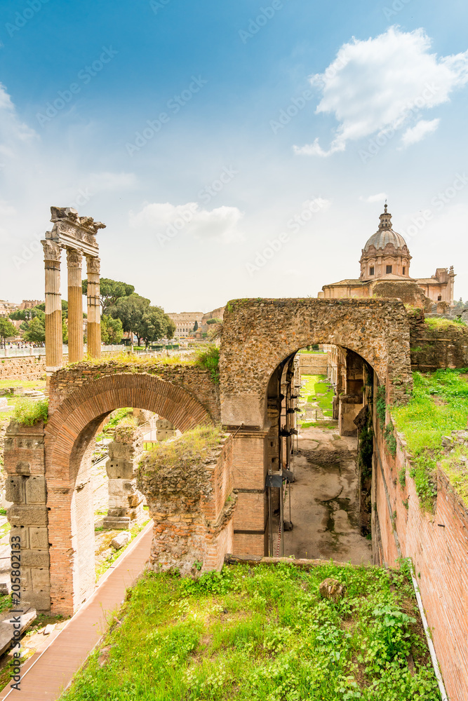 Ruins of the Roman Forum in Rome. Italy capital landmarks.
