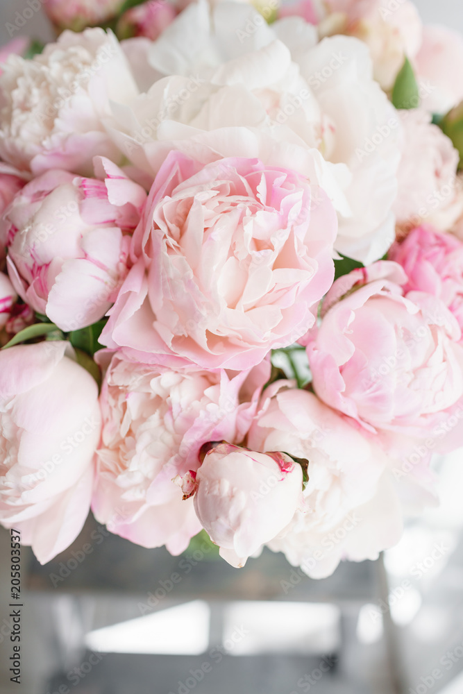 Lovely flowers in glass vase. Beautiful bouquet of white and pink peonies . Floral composition, daylight. Summer wallpaper. Pastel colors