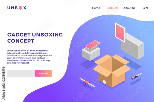 gadget unboxing isometric vector illustration of box phone tablet smartwatch landing page