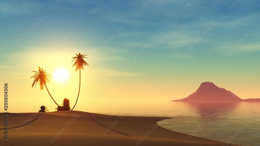 tropical beach at sunset, sun on the sea, island at sunset