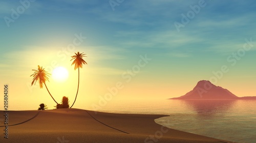tropical beach at sunset  sun on the sea  island at sunset