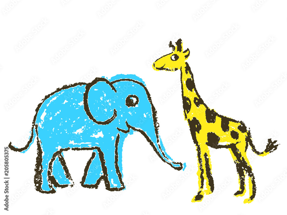 Crayon like kid`s hand drawn wild animals. Giraffe and elephant isolated on white. Child`s drawn artistic stroke colorful pastel chalk or pencil vector art. Childlike funny style Crayon like kid`s hand drawn wild animals. Giraffe and elephant isolated on white. Child`s drawn artistic stroke colorful pastel chalk or pencil vector art. Childlike funny style