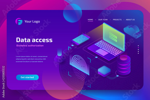 Network data access with biometric authorization concept. Scan Fingerprint  Identification system  landing page template. 3d isometric vector illustration on ultraviolet background