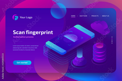 Fingerprint on smartphone screen business security concept. Application scanning fingerprint. 3d isometric vector illustration on ultraviolet background