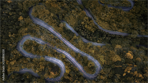 Curve road on mountain pass forest