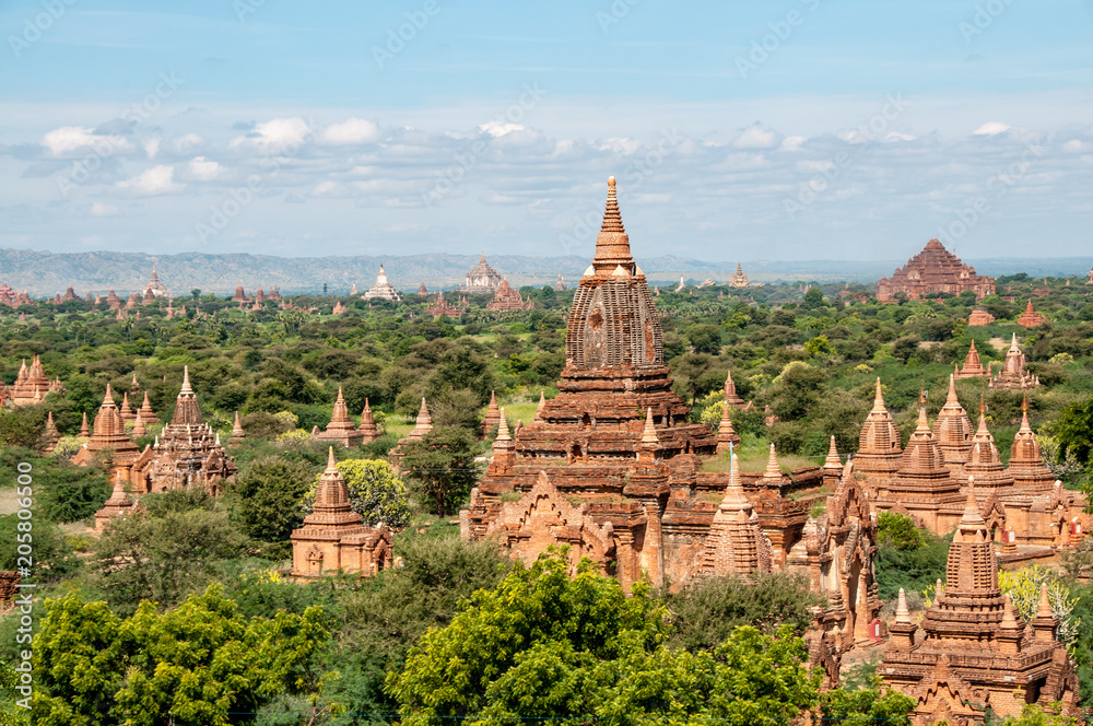 View on temples and stupas in Bagan plain near Mandalay